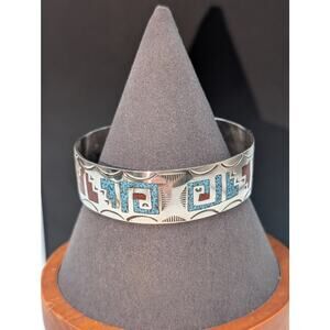 Vtg Navajo Sterling Silver Turquoise & Coral Chip Inlay Bracelet - Signed Ray B